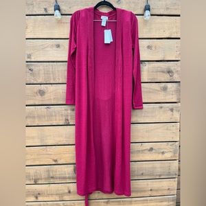 NWT L*space “Audrey” long knit belted cardigan duster, maroon red.